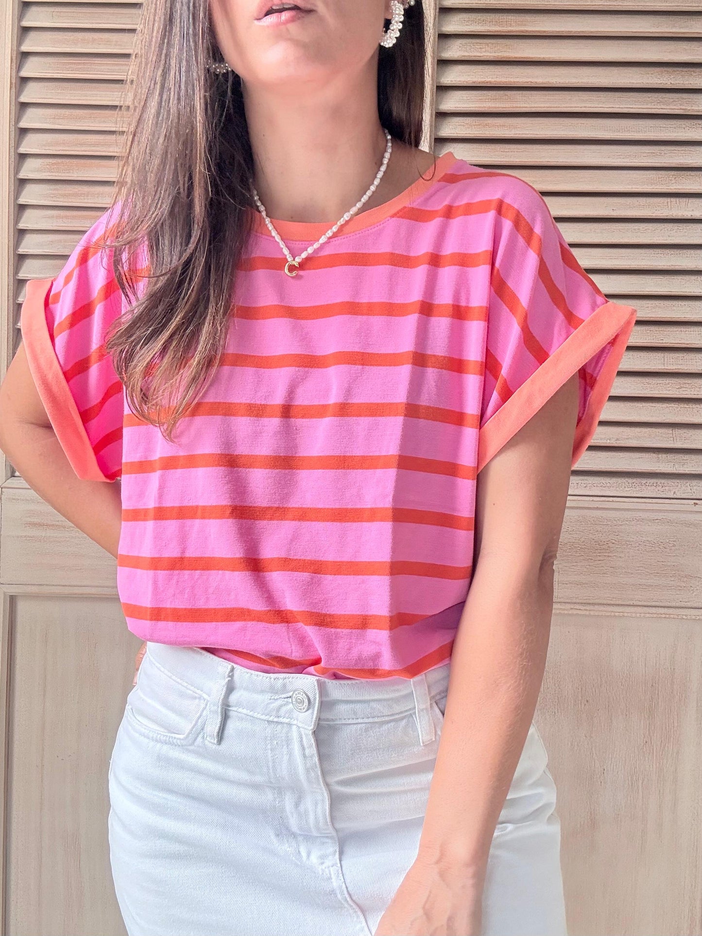 CAMISETA MARINERA FUCSIA NARANJA